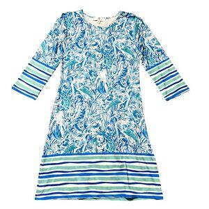 Jean-Pierre Klifa Womens Sz S 3/4 Sleeve Blue & White Tropical Print Dress